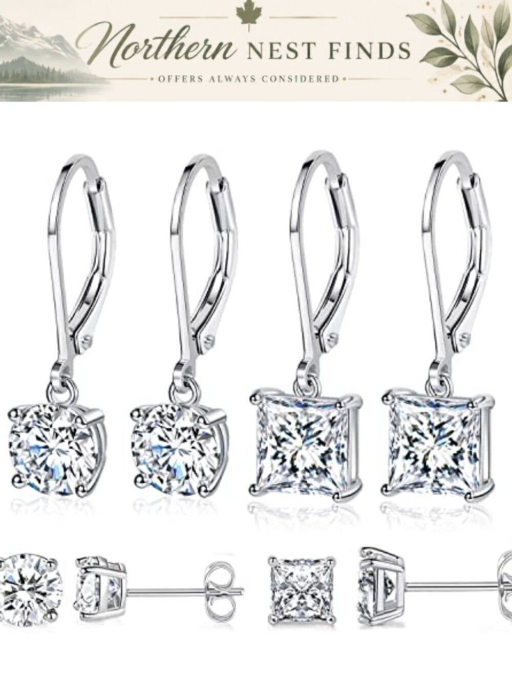 4 Pairs 18K White & Yellow Gold Plated Dangle Stud Earrings Cubic Zirconia Tear